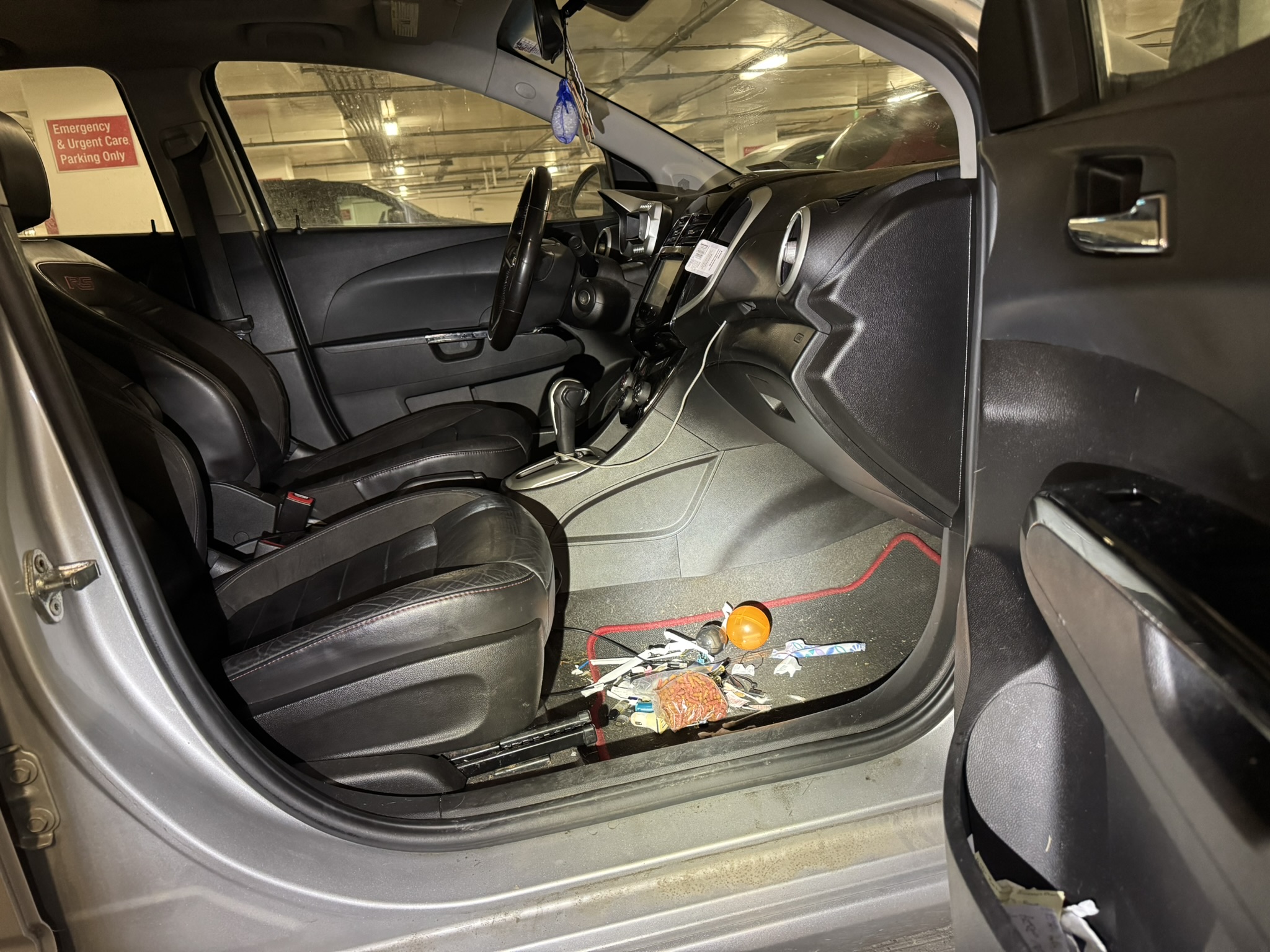 Before: cluttered, dirty car interior